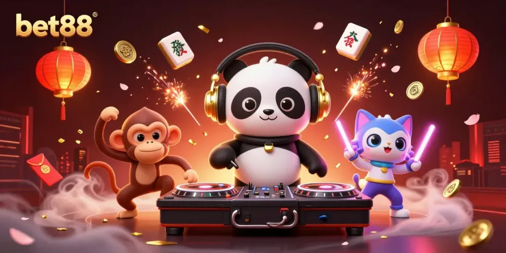 Experience the excitement of bet88 with a DJ panda and breakdancing monkey at a vibrant casino party scene.