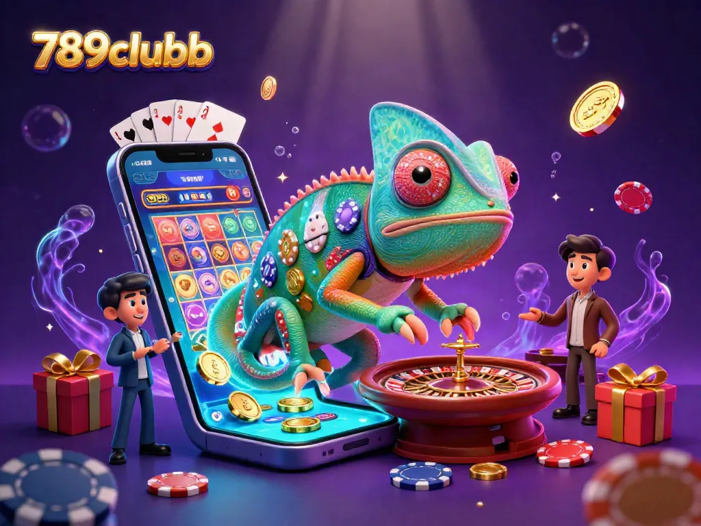 Experience excitement at 789clubb with a vibrant casino scene featuring a chameleon character and dynamic gaming elements.