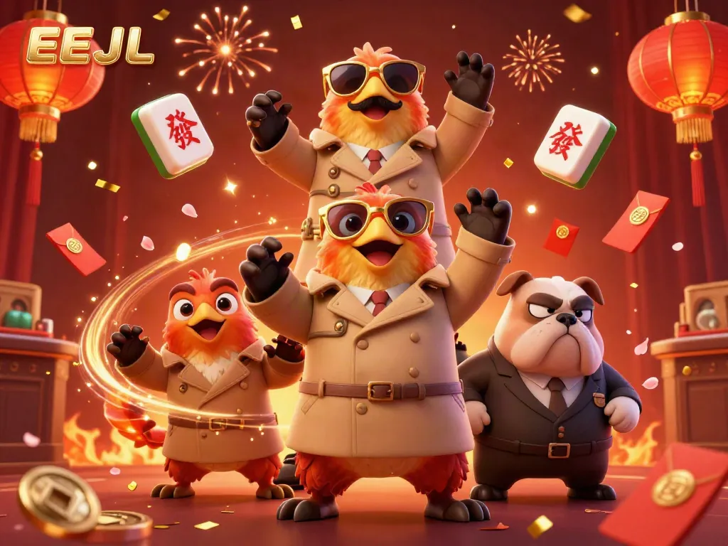 Experience EEJL's vibrant casino scene featuring cartoon raptors attempting entry, with a suspicious bulldog and festive elements.