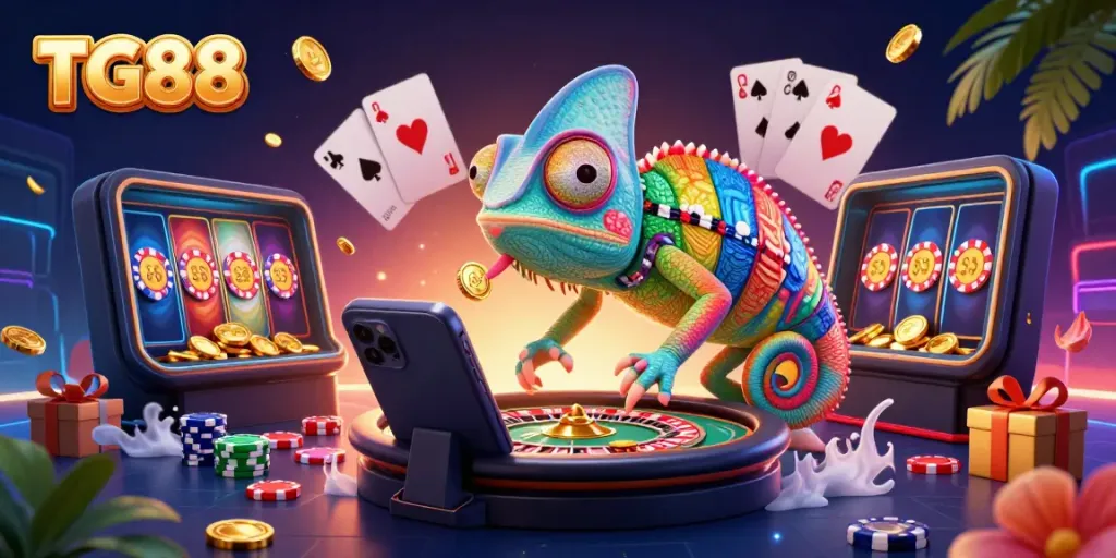 Experience TG88 with a dynamic chameleon casino owner, spinning slot games, and vibrant casino elements.