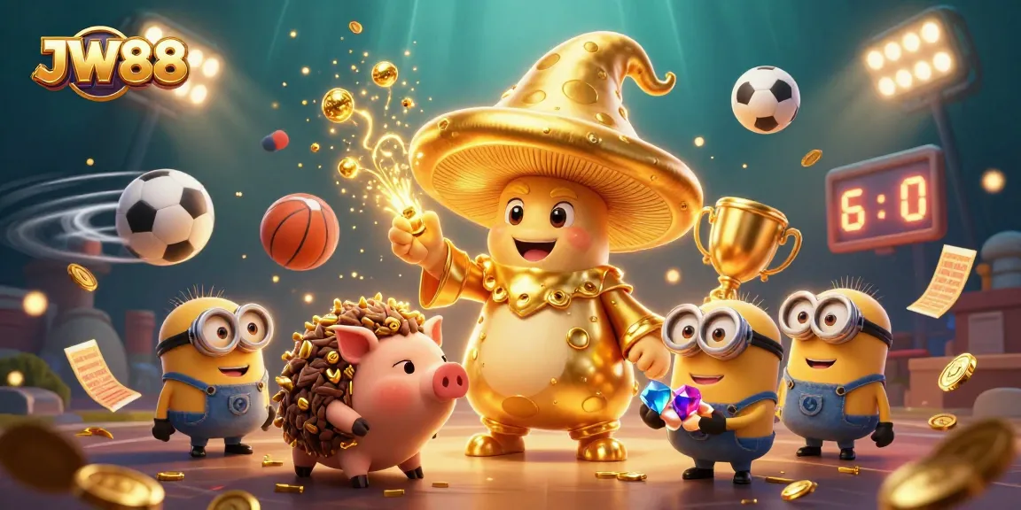 Experience JW88 as a golden mushroom wizard channels luck amidst treasure-filled sports action.