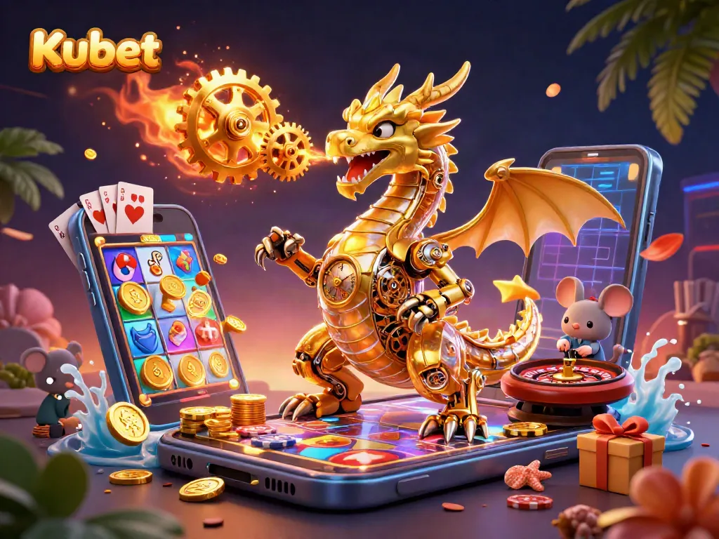 Engage with the thrilling Kubet gaming experience as a golden dragon breathes cogs amidst casino games.