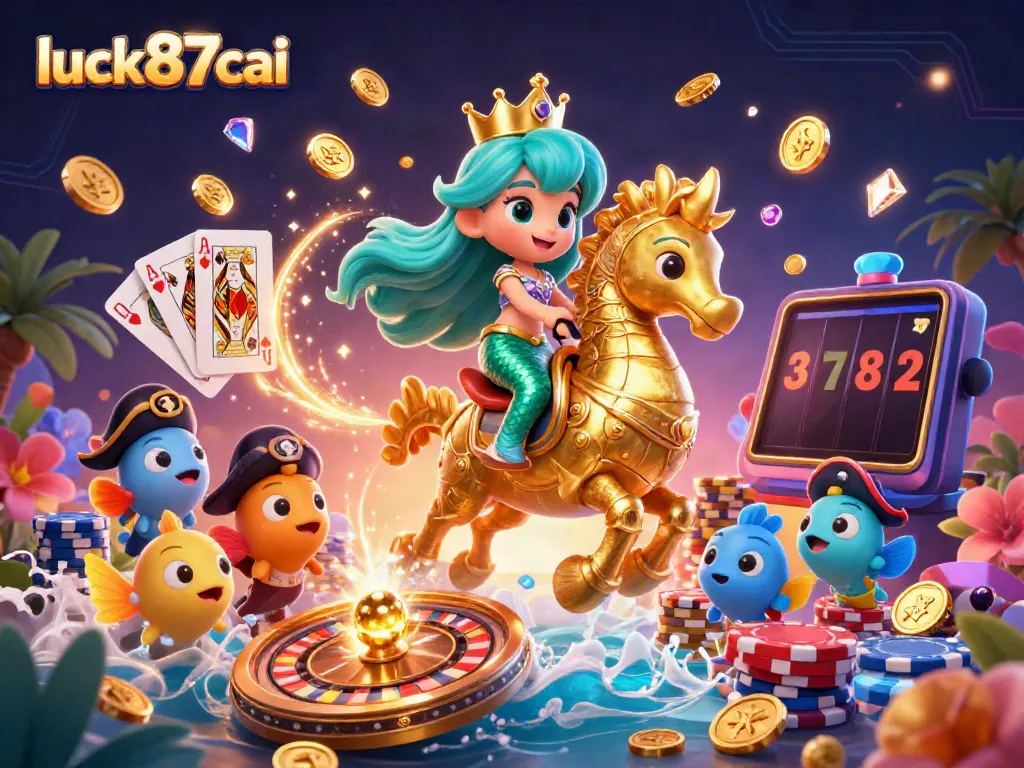 Experience fun and excitement at luck87cai with vibrant casino elements including mermaid princess and seahorse.