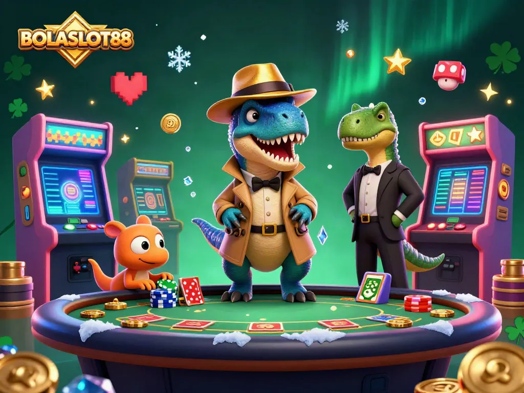 Engage with BOLASLOT88 in a vibrant casino scene with dynamic characters and colorful gaming elements.
