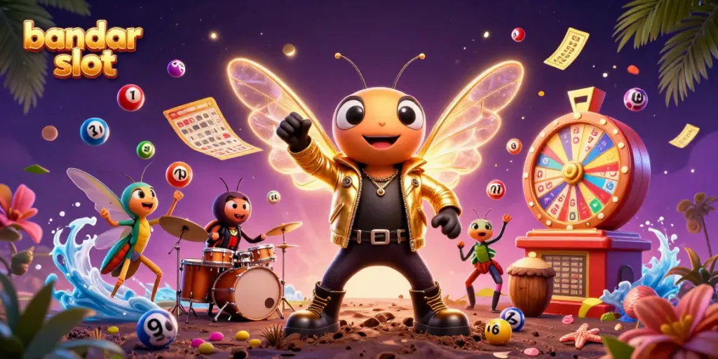 Engage with thrilling games at bandar slot with this vibrant 3D illustration featuring an energetic cicada rock star.