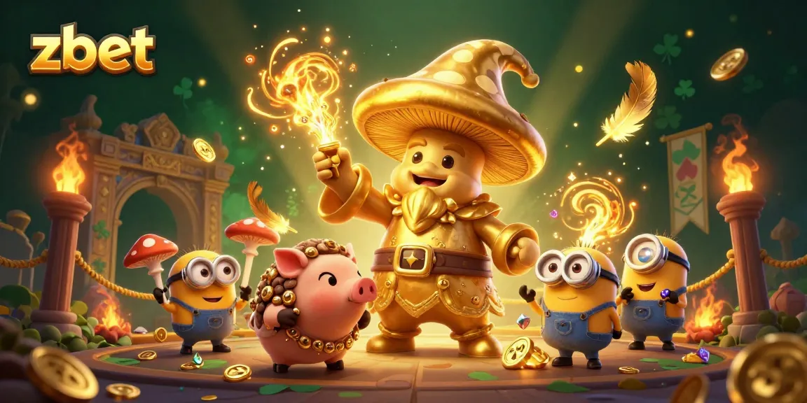 Zbet offers an energetic casino scene featuring a magical wizard, treasure, and vibrant betting elements.