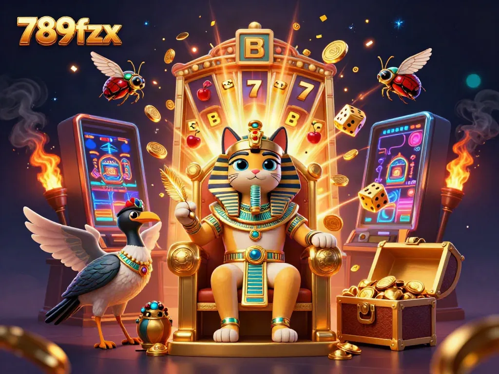 Experience the excitement at 789fzx with a pharaoh cat and jackpot explosion in this vibrant casino scene.