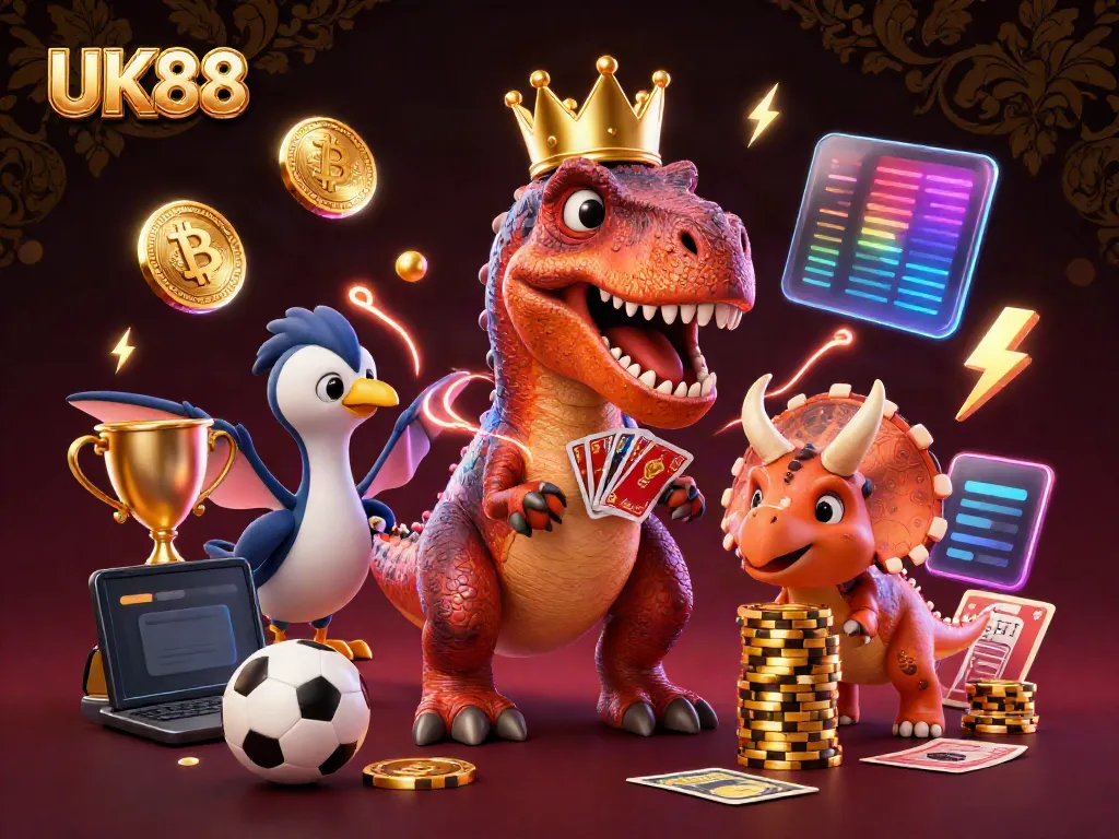 Engage in thrilling sports betting adventures at UK88 with our dynamic T-Rex and friends in a vibrant casino scene.