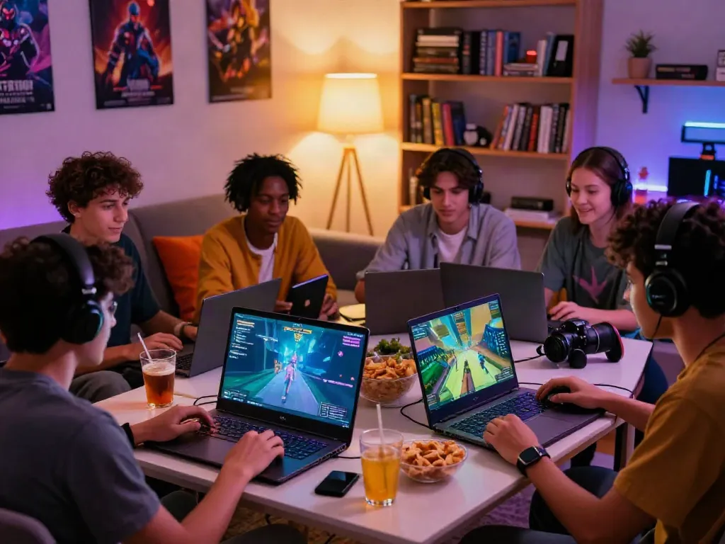 Friends enjoying multiplayer games on KILAT 404 platform in a cozy living room.