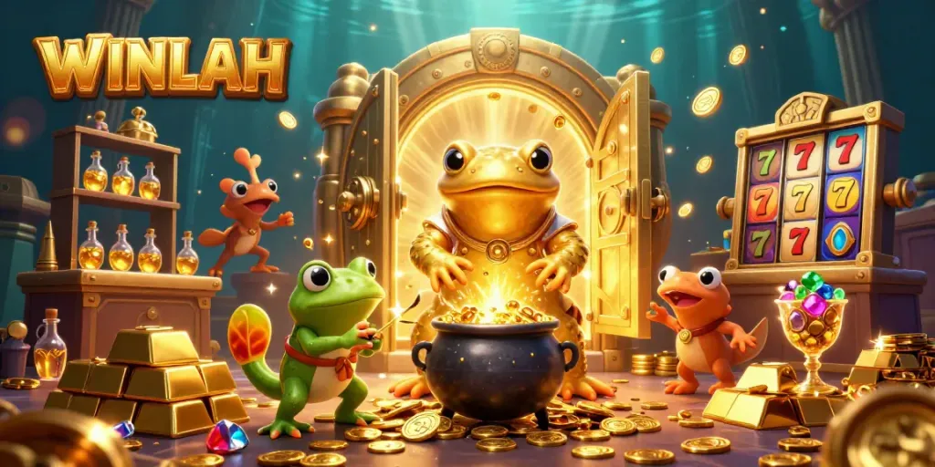 WINLAH enchants players with a golden fantasy scene of a salamander alchemist and dynamic casino elements.