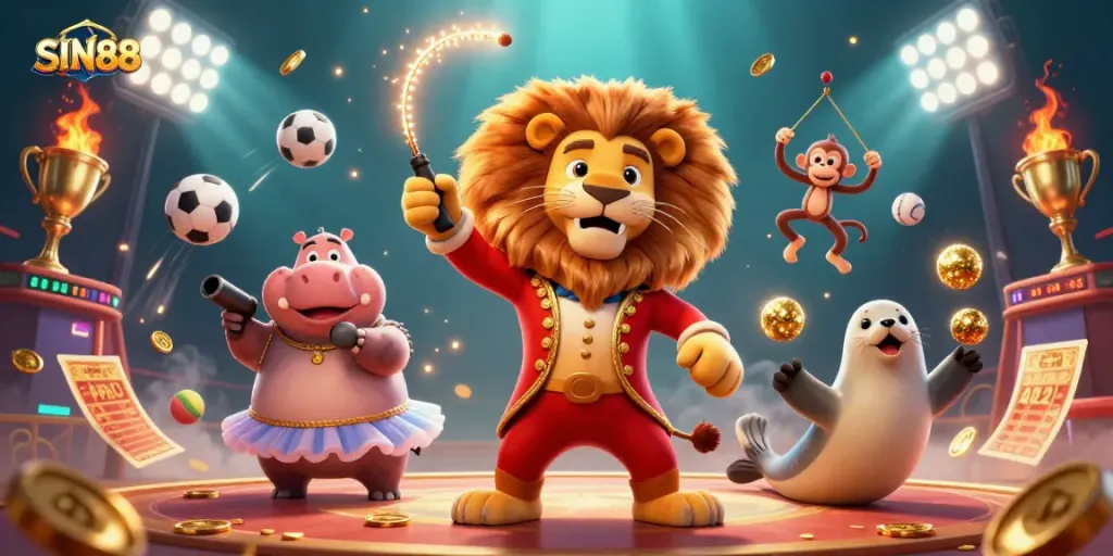SIN88 invites players to experience thrilling sports betting action amidst circus-themed characters and elements.