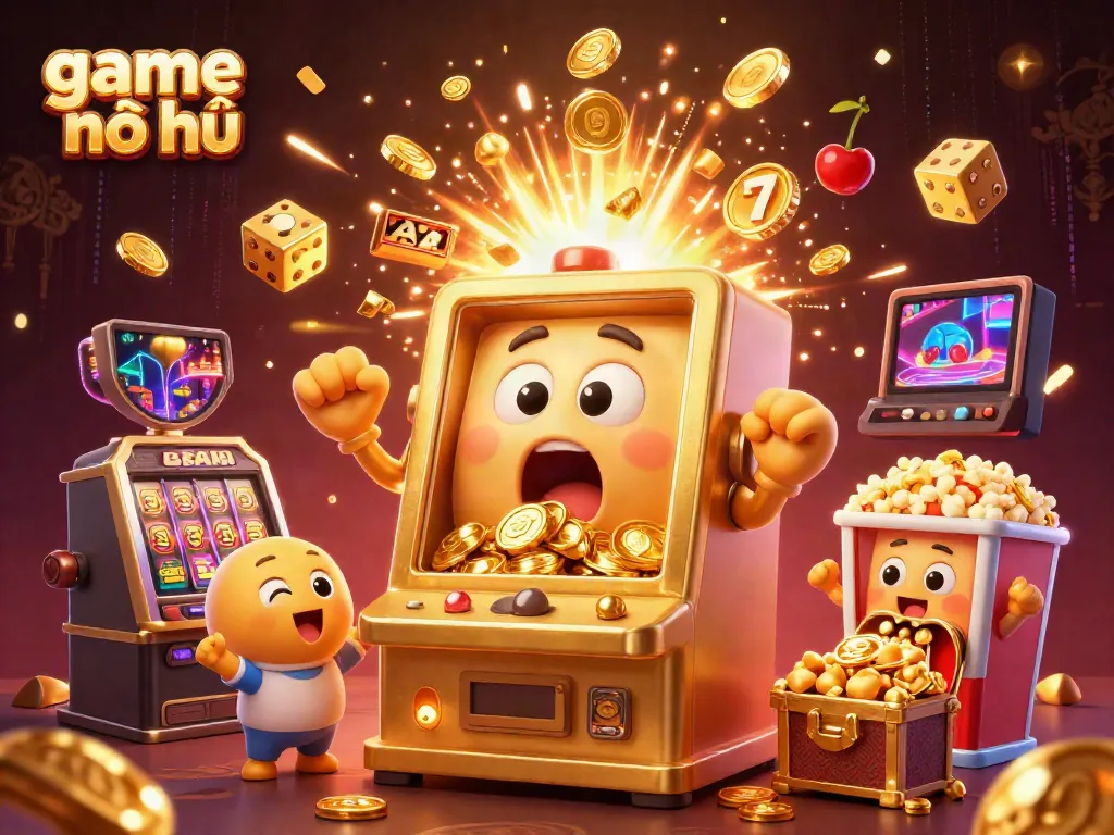 Experience game nổ hũ excitement with a golden slot machine going wild amid an explosion of coins.