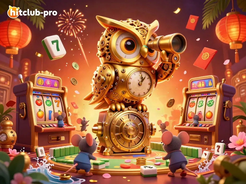 Experience the thrill of hitclub-pro with a mesmerizing casino scene featuring a golden owl and lively slot machines.
