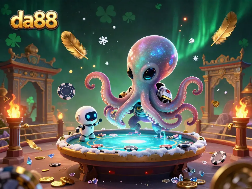 Engage with the vibrant da88 casino scene featuring an alien octopus at a poker table surrounded by dynamic cosmic elements.