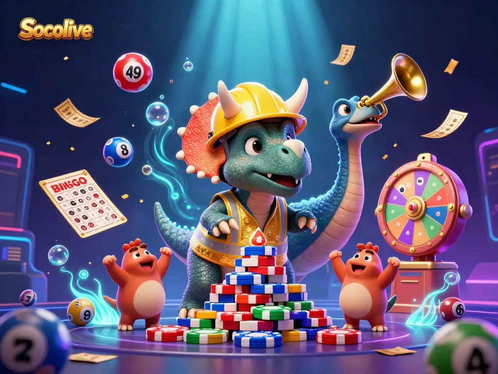 Socolive offers dynamic gambling with cartoon dinosaurs celebrating around lottery elements in a vibrant casino environment.