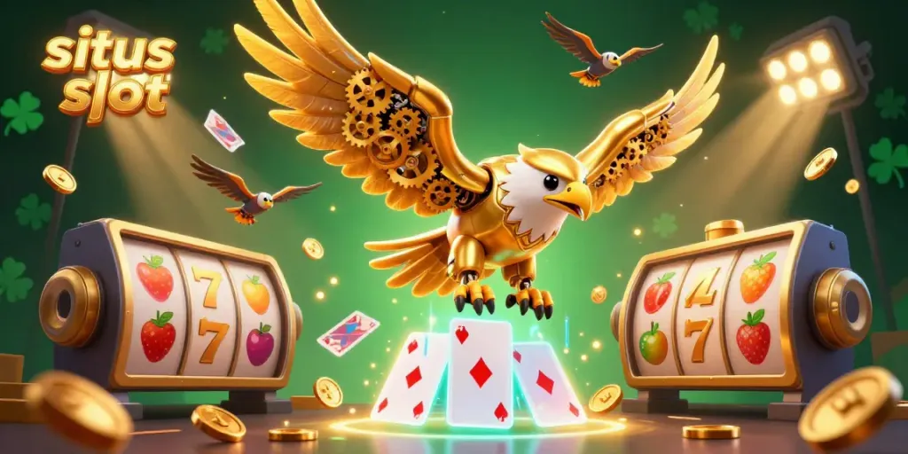 Experience the excitement of situs slot with a golden eagle diving through vibrant slot reels and holographic cards.