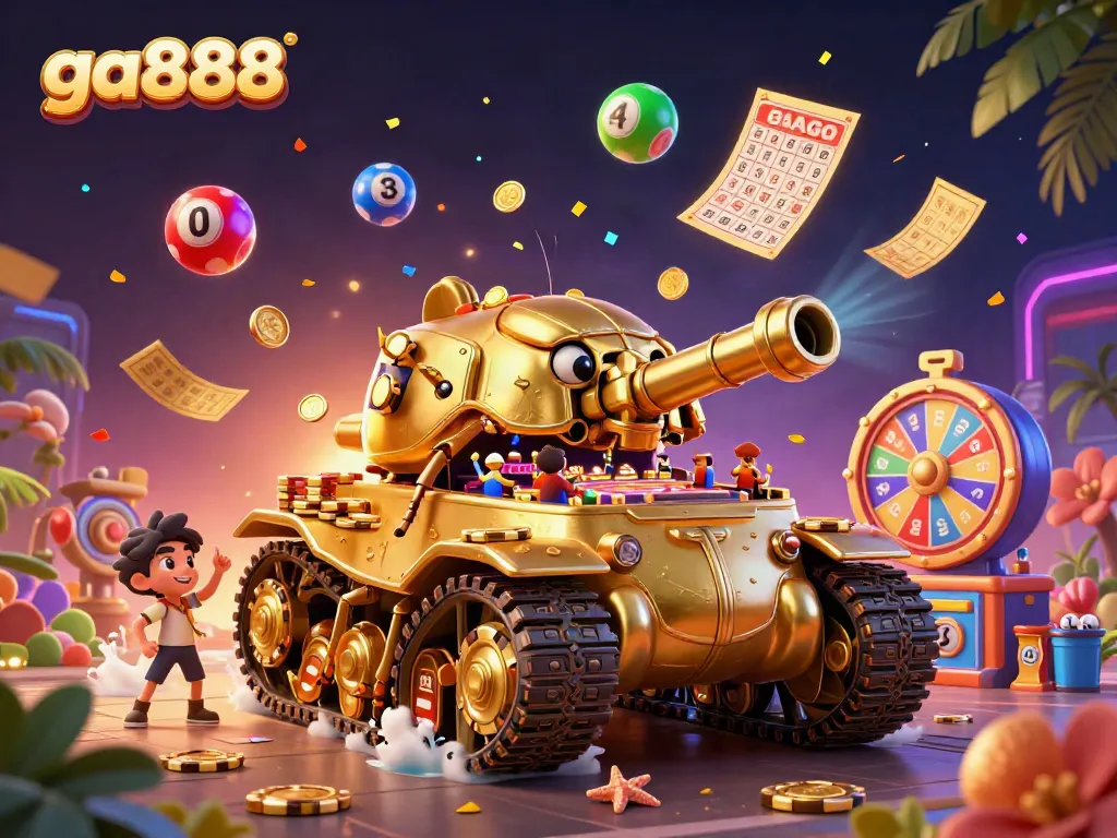 Experience gambling fun with ga888's dynamic casino scene filled with confetti and lively elements.