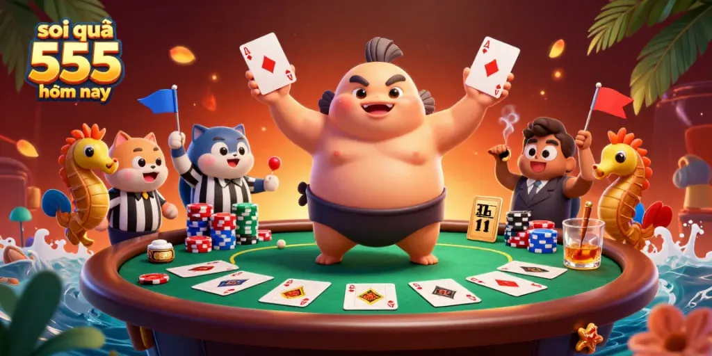 Experience the excitement of soi cầu 555 hôm nay with a whimsical underwater poker scene featuring a fugu and catfish