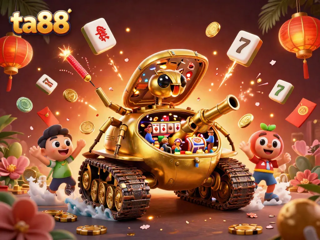 Experience thrilling casino games at ta88, featuring a vibrant 3D illustration of a miniature action-packed casino scene.