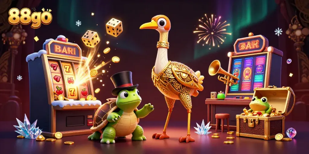 Experience the excitement of 88go with vibrant casino elements and whimsical characters in a 3D digital illustration.