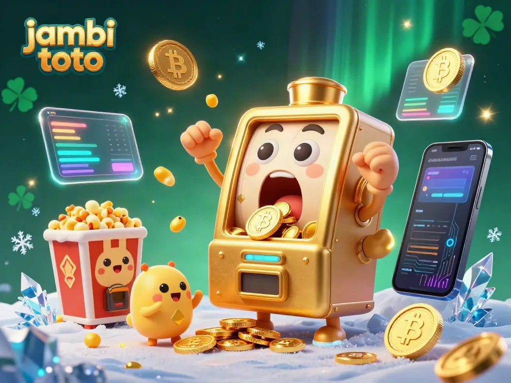 Experience the excitement of jambi toto with a cheerful golden slot machine hitting a jackpot, amid vibrant casino elements.
