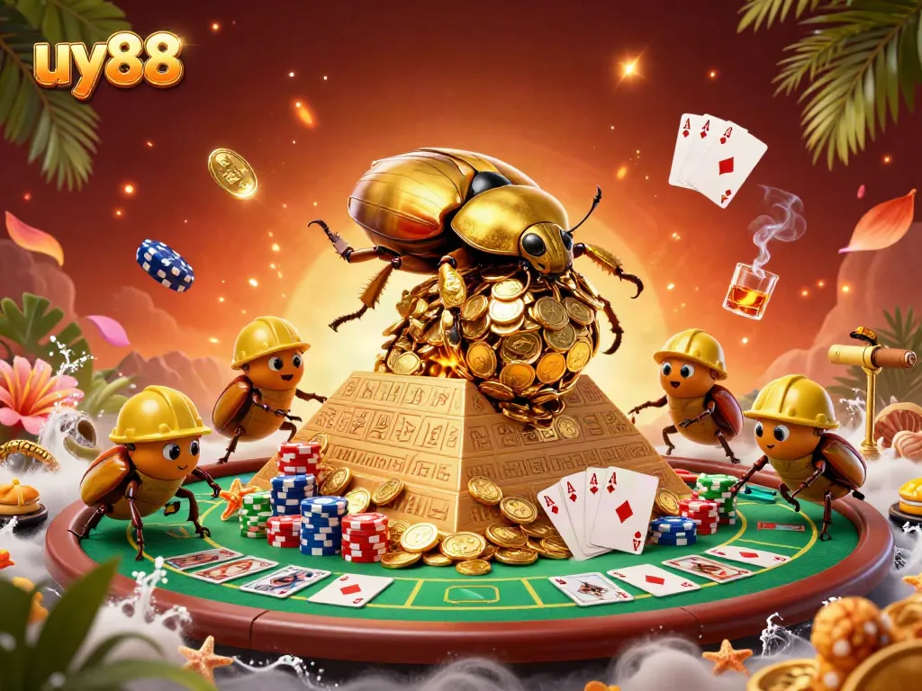 Join the exciting world of uy88 with a 3D cartoon beetle rolling golden coins in a vibrant casino scene.
