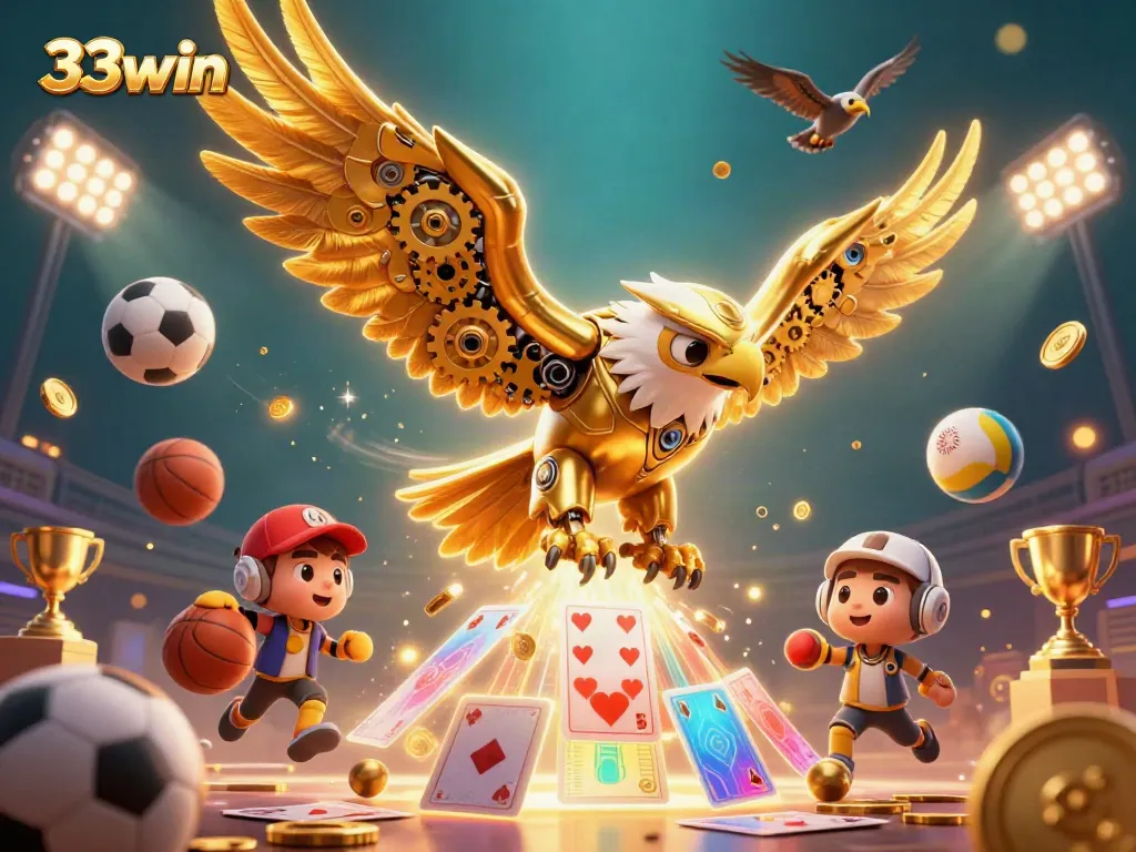 Engaging 3D scene representing 33win with a golden eagle and sports elements in action.