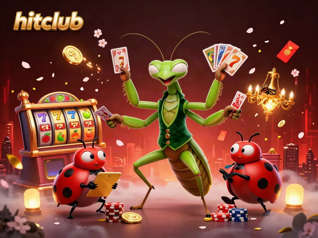 Hitclub illustration with a giant praying mantis card sharp and ladybug pit boss in a bustling casino scene.
