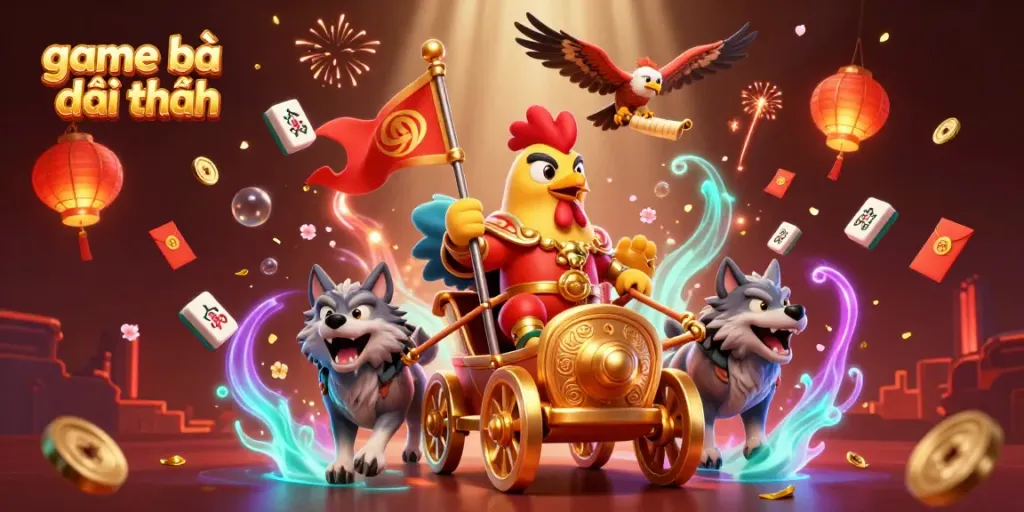 Experience game bài đổi thưởng as a rooster warlord conquers with golden symbols, festive elements enriching the scene.