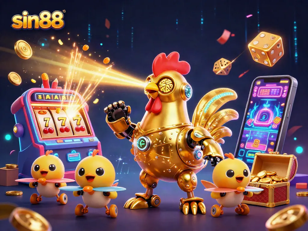 Experience the excitement of sin88 with the golden rooster robot and slots bursting with coins!