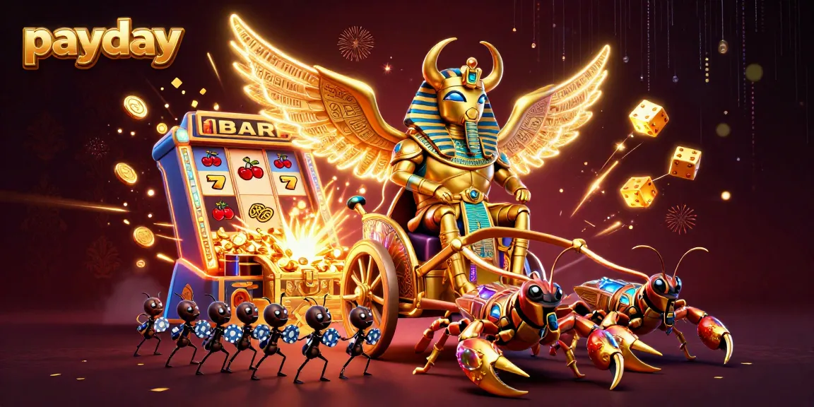 Experience payday excitement with a dynamic scene of a colossal beetle and glimmering casino elements.