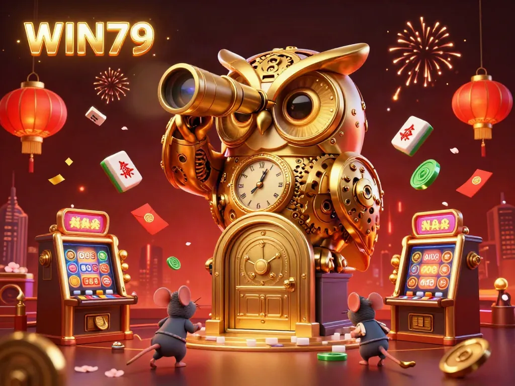 Engage in fun gaming at WIN79 with a whimsical 3D casino scene featuring golden elements and animated characters.