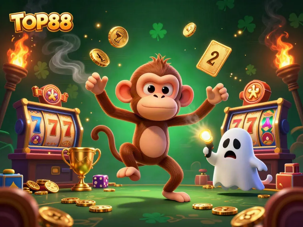 Experience the thrill of TOP88 with an enchanting 3D casino scene featuring a playful poltergeist monkey and a ghost-hunter puppy.