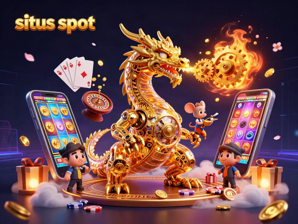 Spin jackpots with situs slot on colorful smartphones amidst a golden dragon and vibrant casino elements.