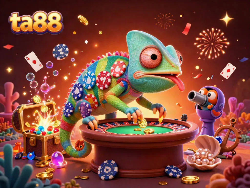 Engage with ta88's vibrant online gaming scene as a chameleon casino owner captures golden coins.