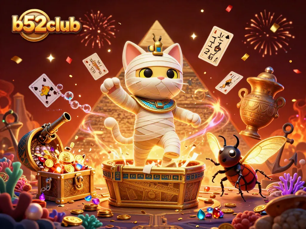Engage with thrilling b52club gaming action, featuring an Egyptian mummy cat and golden treasures.