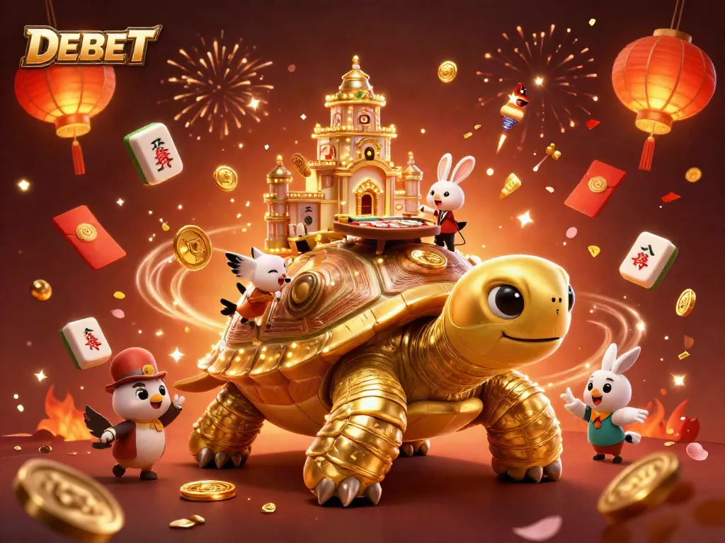 Engage with the vibrant DEBET gaming scene featuring golden tortoise casino and energetic rabbit dealer.