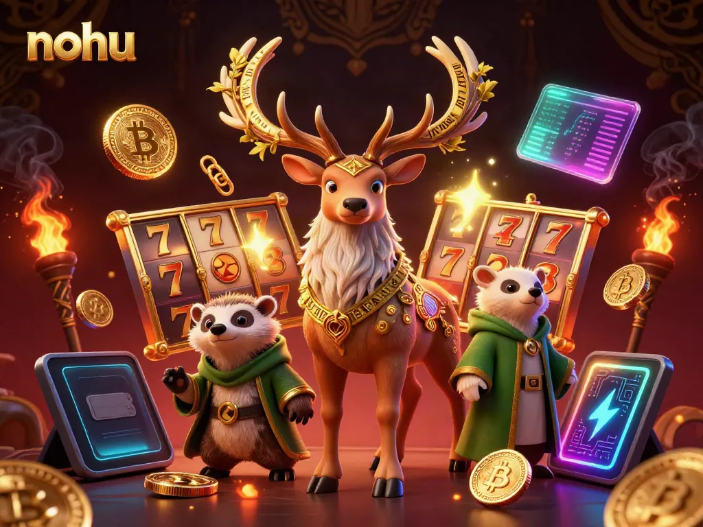 Spin to win with nohu in a vibrant 3D slot scene featuring lucky symbols and glowing coins.