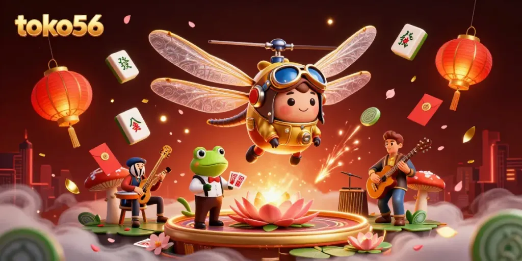 Engage in thrilling gameplay at toko56 with an illustrated casino scene featuring a dragonfly pilot and froggy dealer.
