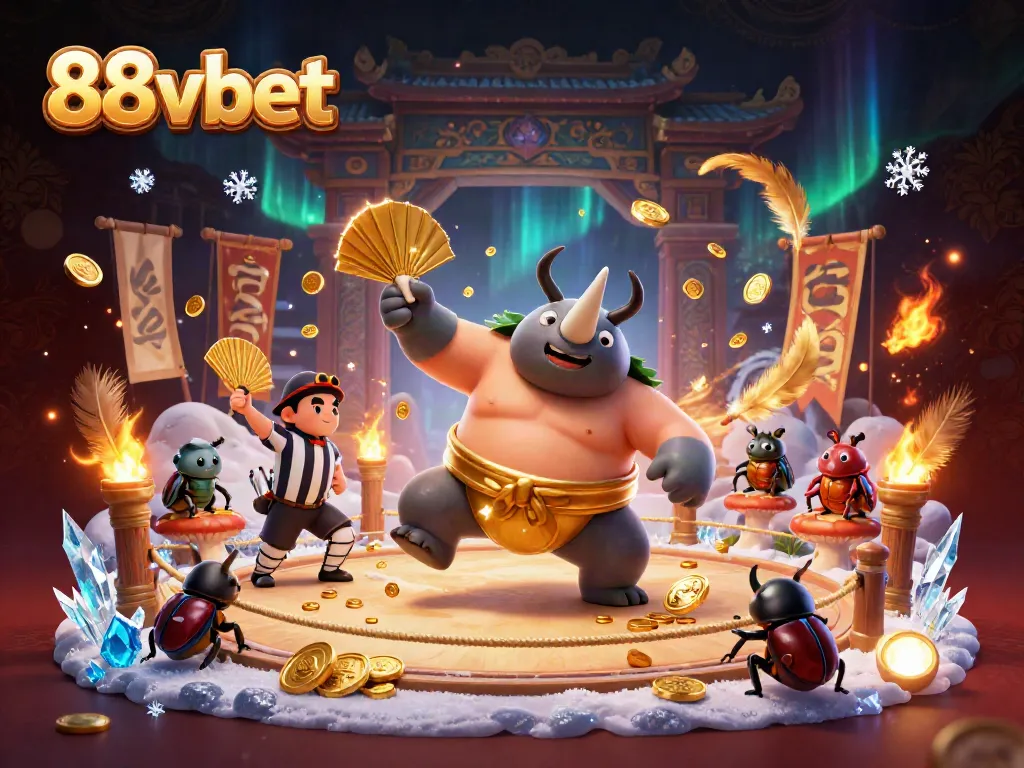 Experience the excitement of 88vbet with a riveting scene of a rhinoceros beetle sumo champion in action, scattering gold coins.