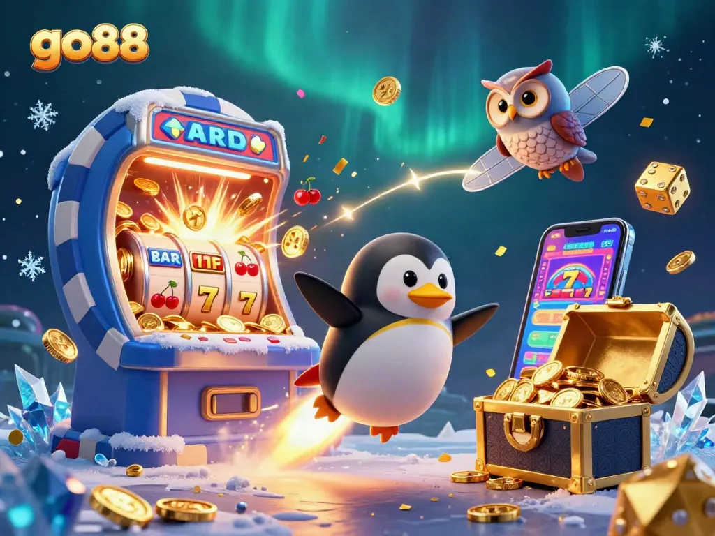 Experience the thrill of go88 with a golden penguin, jackpot excitement, and vibrant casino elements.