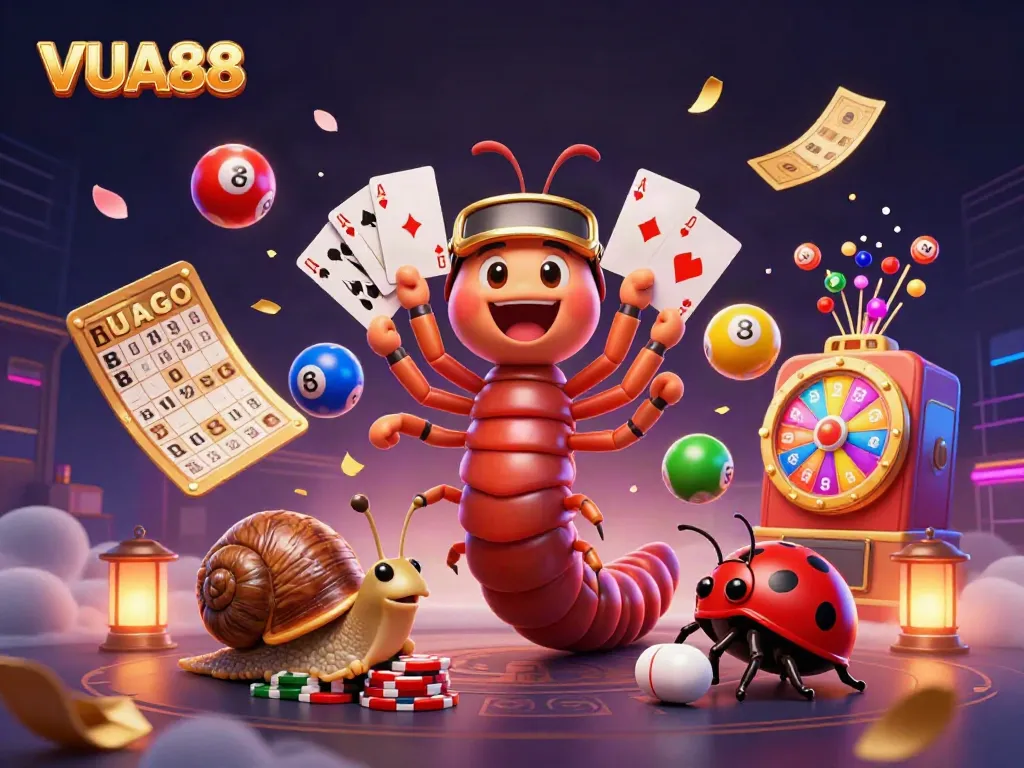 Experience VUA88 with vibrant gaming characters and exciting elements in this dynamic casino scene.