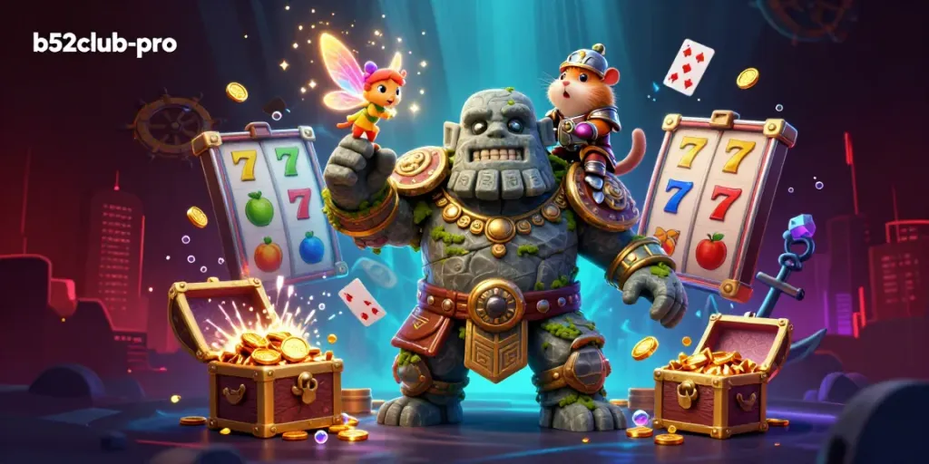 Join the adventure with b52club-pro as a golem guardian and fairy unite in this lively casino scene.