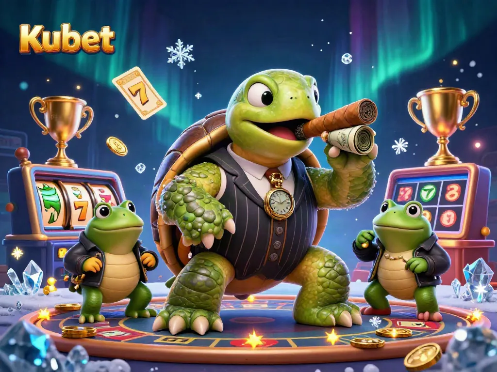 Kubet's casino action come to life with a cartoon turtle and bullfrog enforcers amidst slot machine excitement.