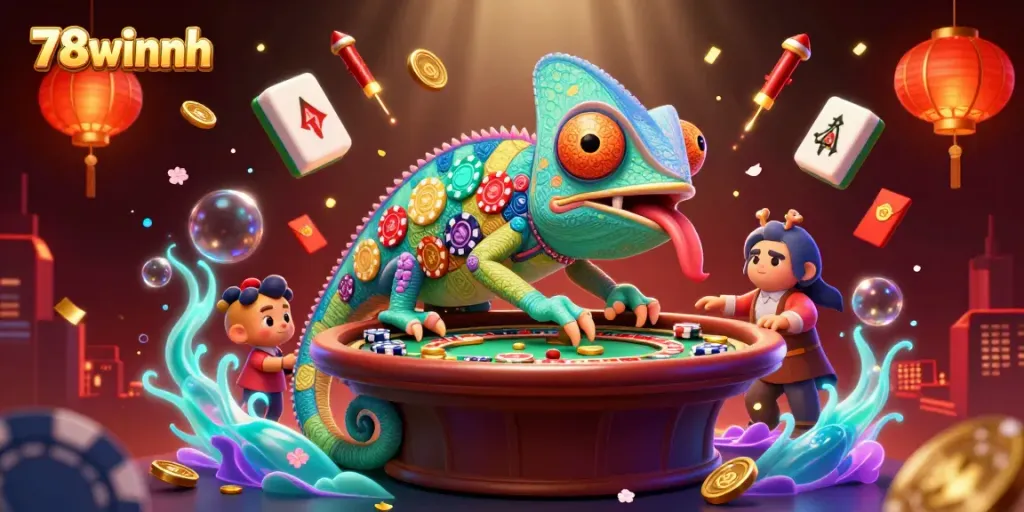 Experience the vibrant 78winnh casino atmosphere with an engaging chameleon character, golden coins, and festive decorations.