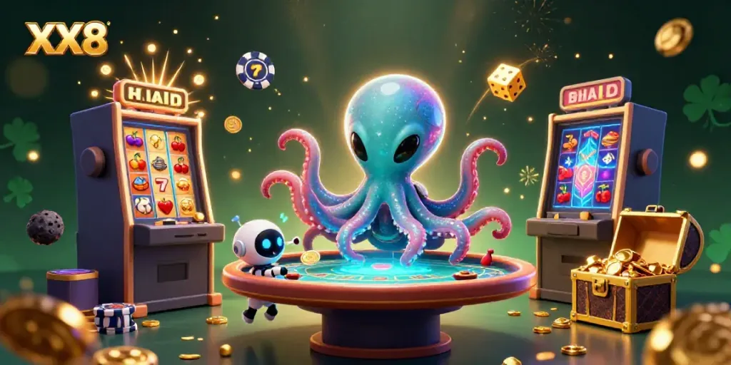 Engage with the vibrant XX8 alien casino scene filled with dynamic gaming elements and colorful characters.