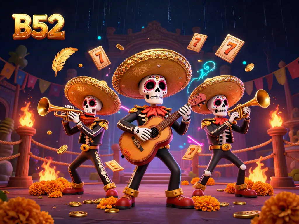 Engage in thrilling B52 slot games with vibrant cartoon mariachi characters amidst festive casino elements.