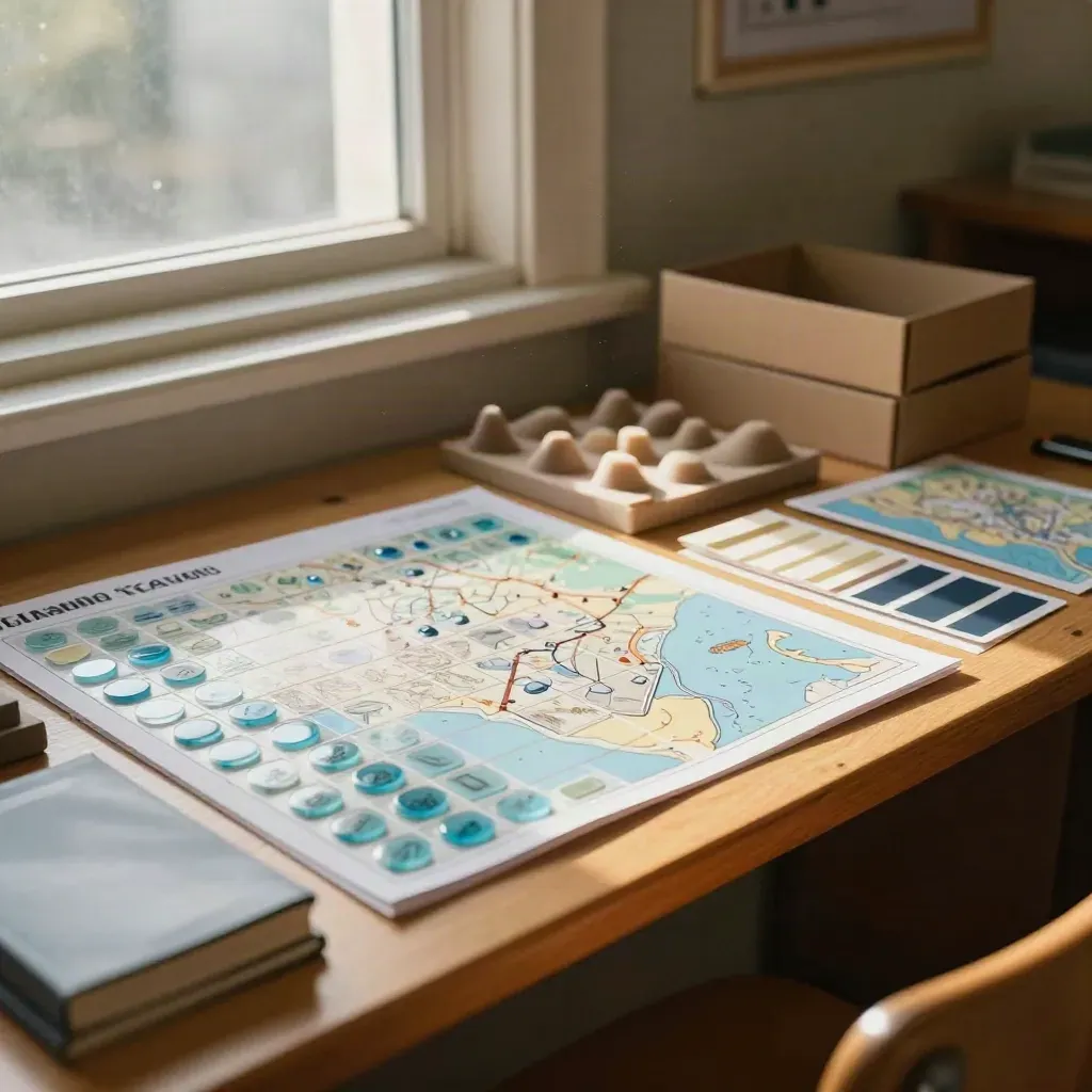 Zestaw map do lekcji z kolorowymi chipami i modelami klasowymi na drewnianej półce.
