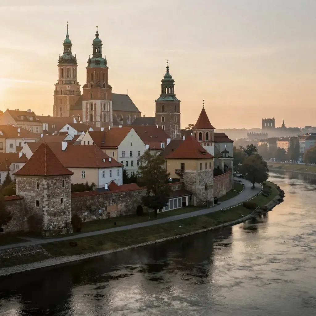 Wawel nad Wisłą o świcie, zamek i dachy Krakowa w złotej mgle.