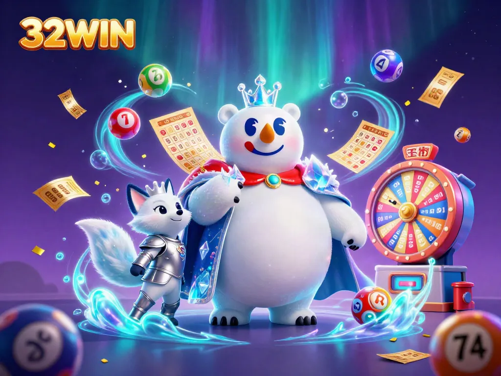Experience the excitement of 32WIN with a colorful casino scene featuring a polar bear and snow fox amidst lottery elements.